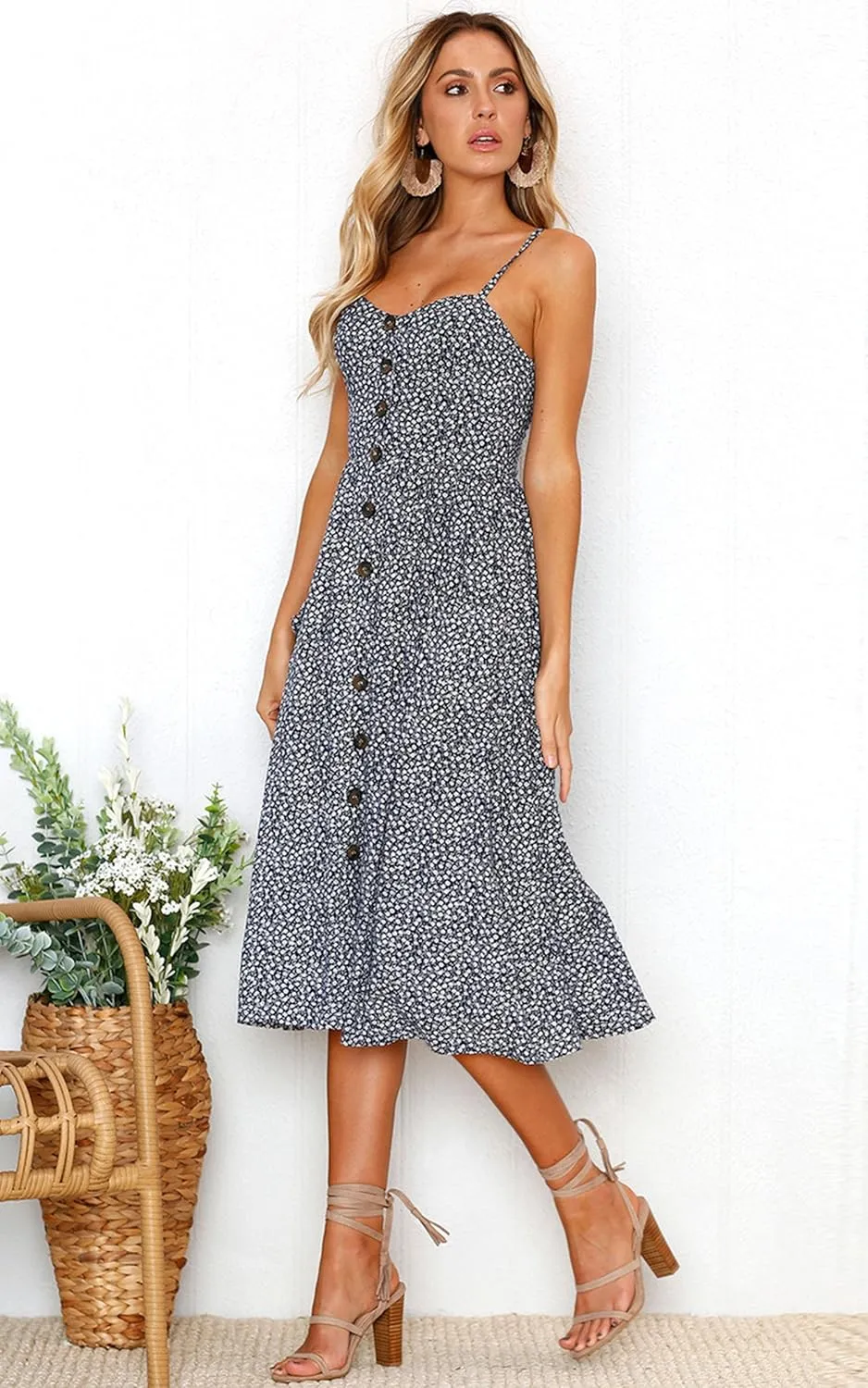 Angashion Women's Dresses-Summer Floral Bohemian Spaghetti Strap Button Down Swing Midi Dress