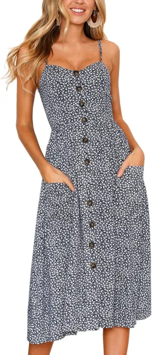 Angashion Women's Dresses-Summer Floral Bohemian Spaghetti Strap Button Down Swing Midi Dress