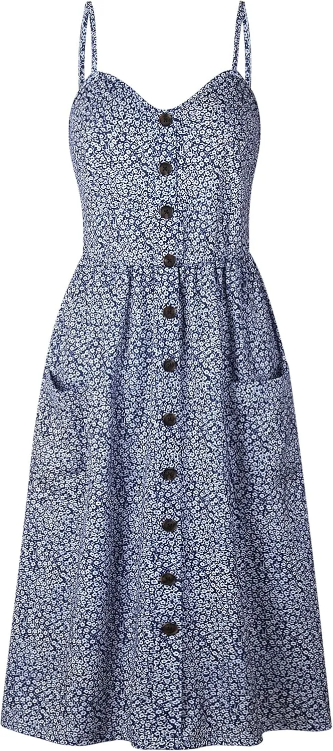 Angashion Women's Dresses-Summer Floral Bohemian Spaghetti Strap Button Down Swing Midi Dress