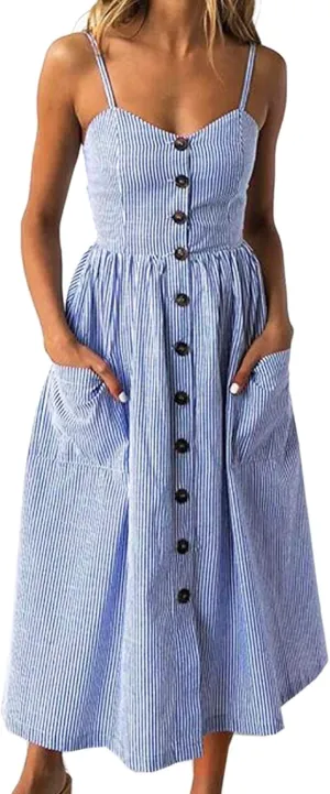 Angashion Women's Dresses-Summer Floral Bohemian Spaghetti Strap Button Down Swing Midi Dress