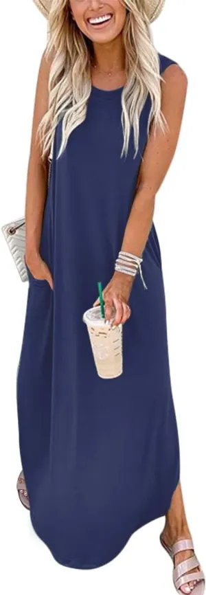 ANRABESS Women Casual Loose Sundress Sleeveless Split Maxi Long Beach Shirt Dress Travel Vacation 2025 Summer Outfits