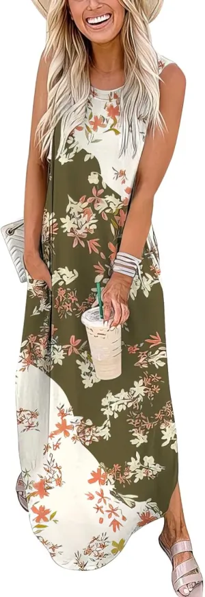 ANRABESS Women Casual Loose Sundress Sleeveless Split Maxi Long Beach Shirt Dress Travel Vacation 2025 Summer Outfits