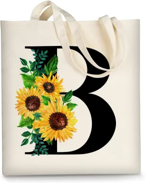 AUSVKAI Cute Sunflower Initial Canvas Tote Bag Aesthetic for Women