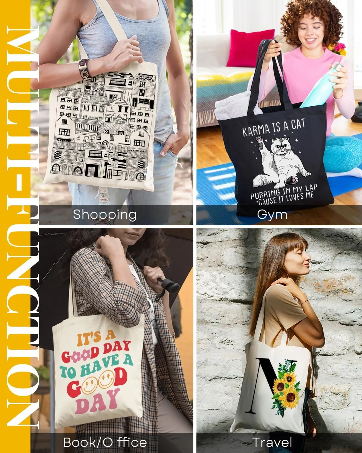 AUSVKAI Cute Sunflower Initial Canvas Tote Bag Aesthetic for Women