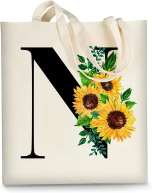 AUSVKAI Cute Sunflower Initial Canvas Tote Bag Aesthetic for Women