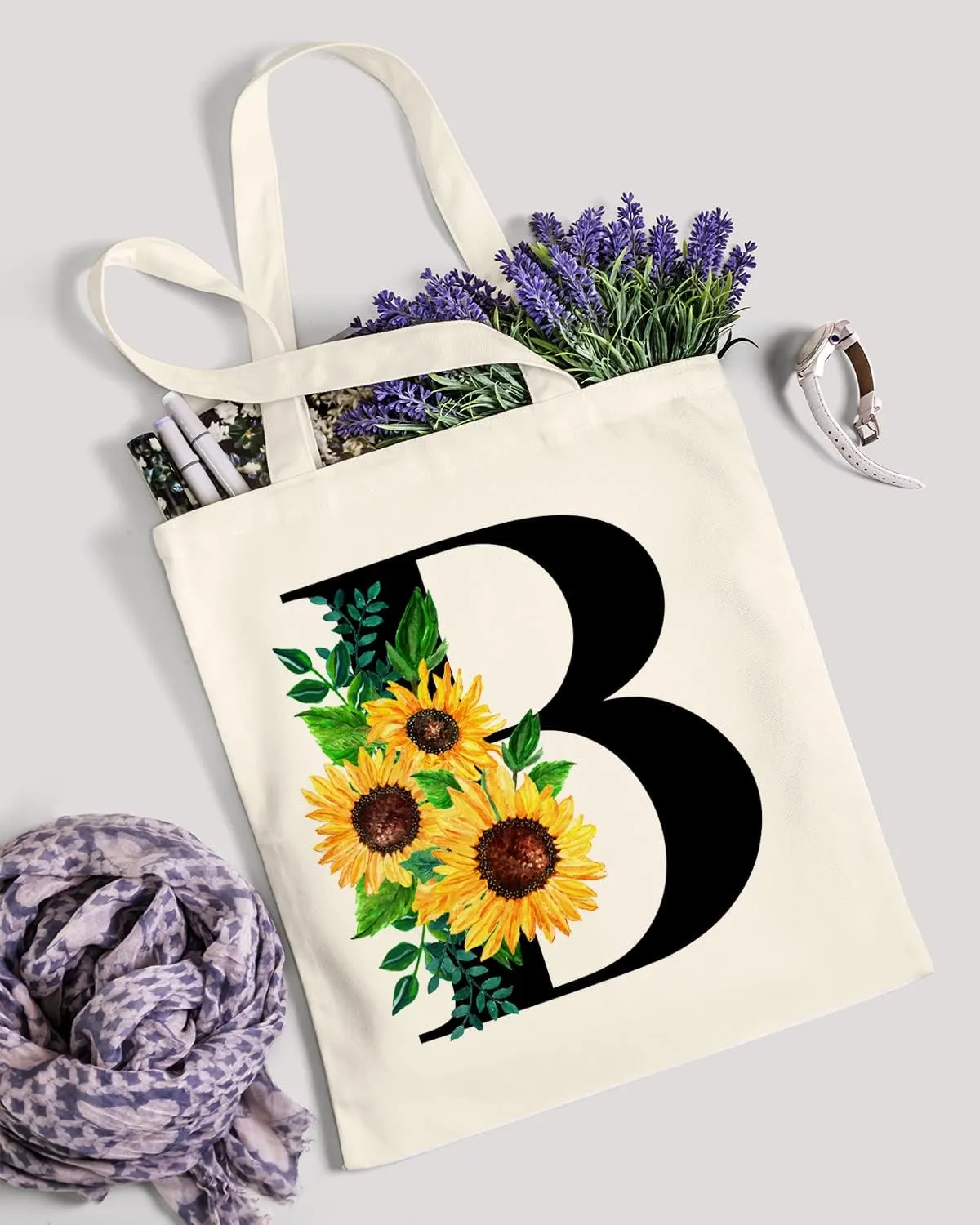 AUSVKAI Cute Sunflower Initial Canvas Tote Bag Aesthetic for Women