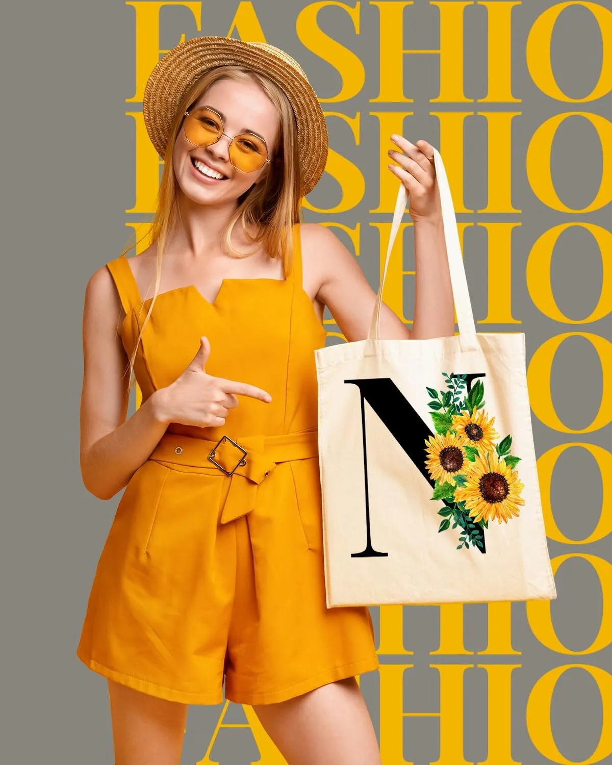 AUSVKAI Cute Sunflower Initial Canvas Tote Bag Aesthetic for Women