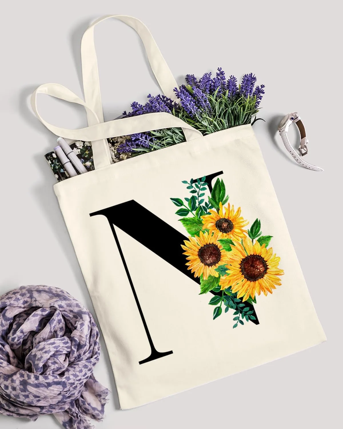 AUSVKAI Cute Sunflower Initial Canvas Tote Bag Aesthetic for Women