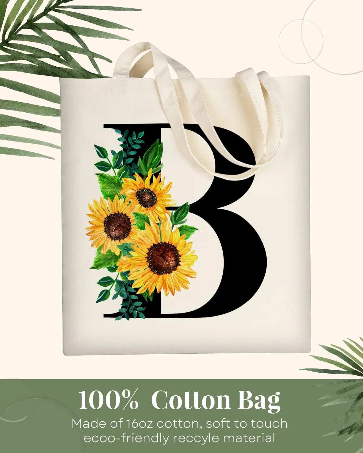 AUSVKAI Cute Sunflower Initial Canvas Tote Bag Aesthetic for Women