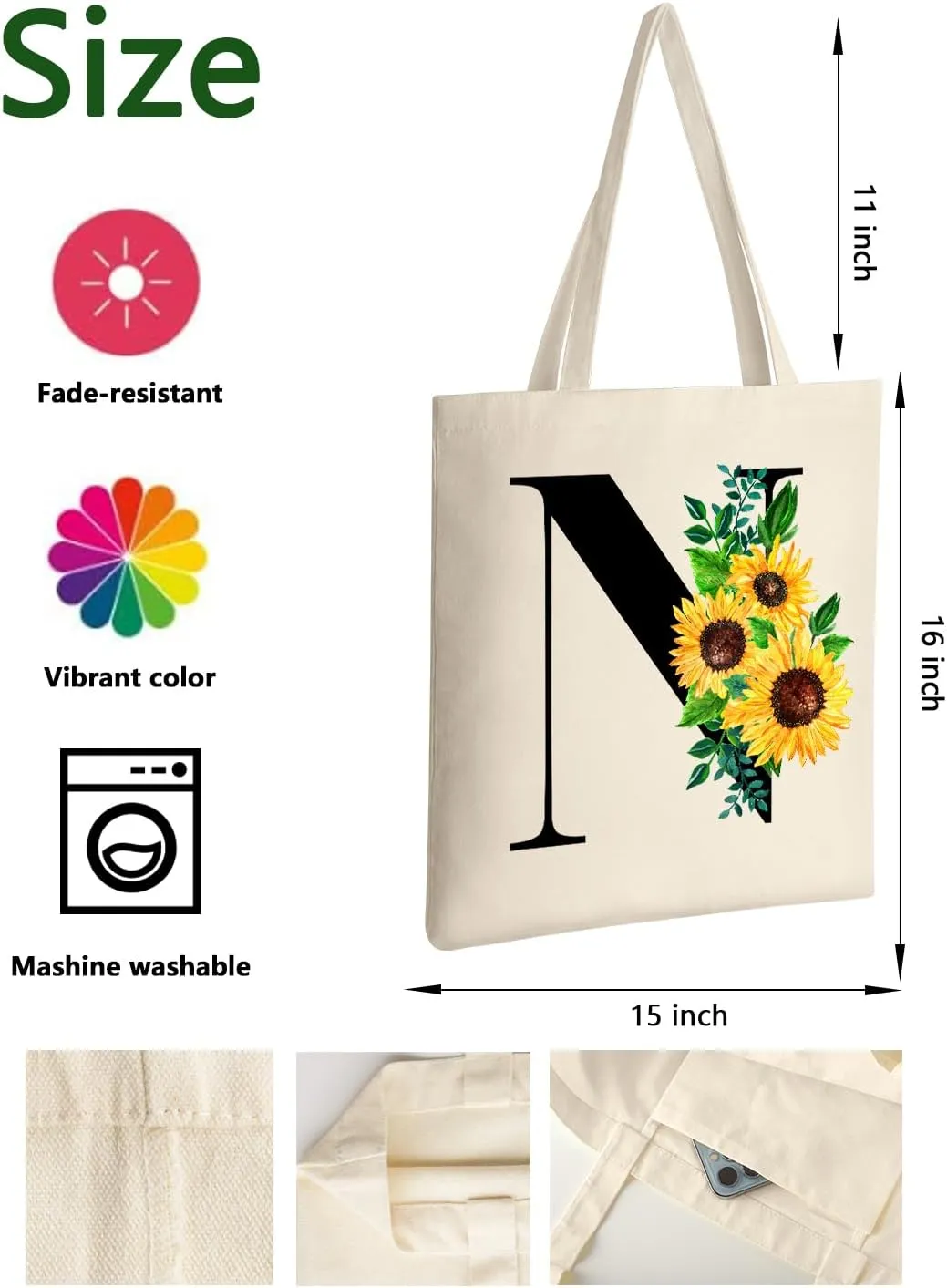 AUSVKAI Cute Sunflower Initial Canvas Tote Bag Aesthetic for Women