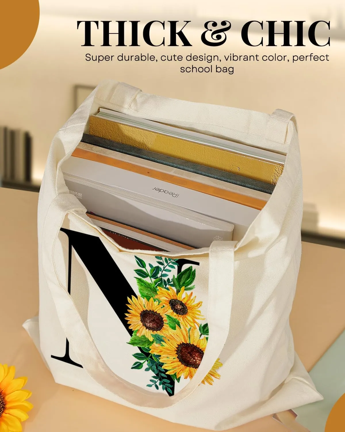 AUSVKAI Cute Sunflower Initial Canvas Tote Bag Aesthetic for Women