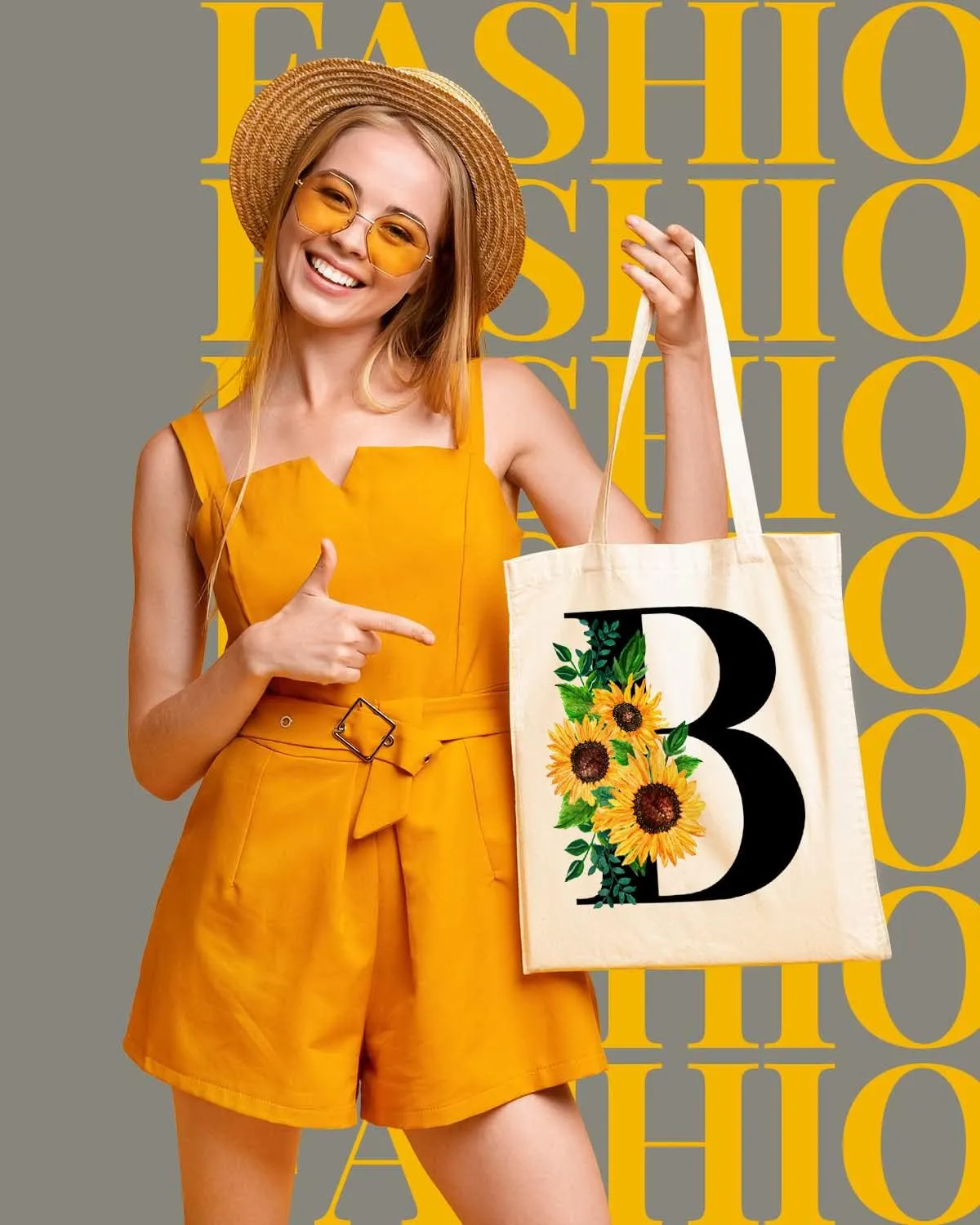AUSVKAI Cute Sunflower Initial Canvas Tote Bag Aesthetic for Women