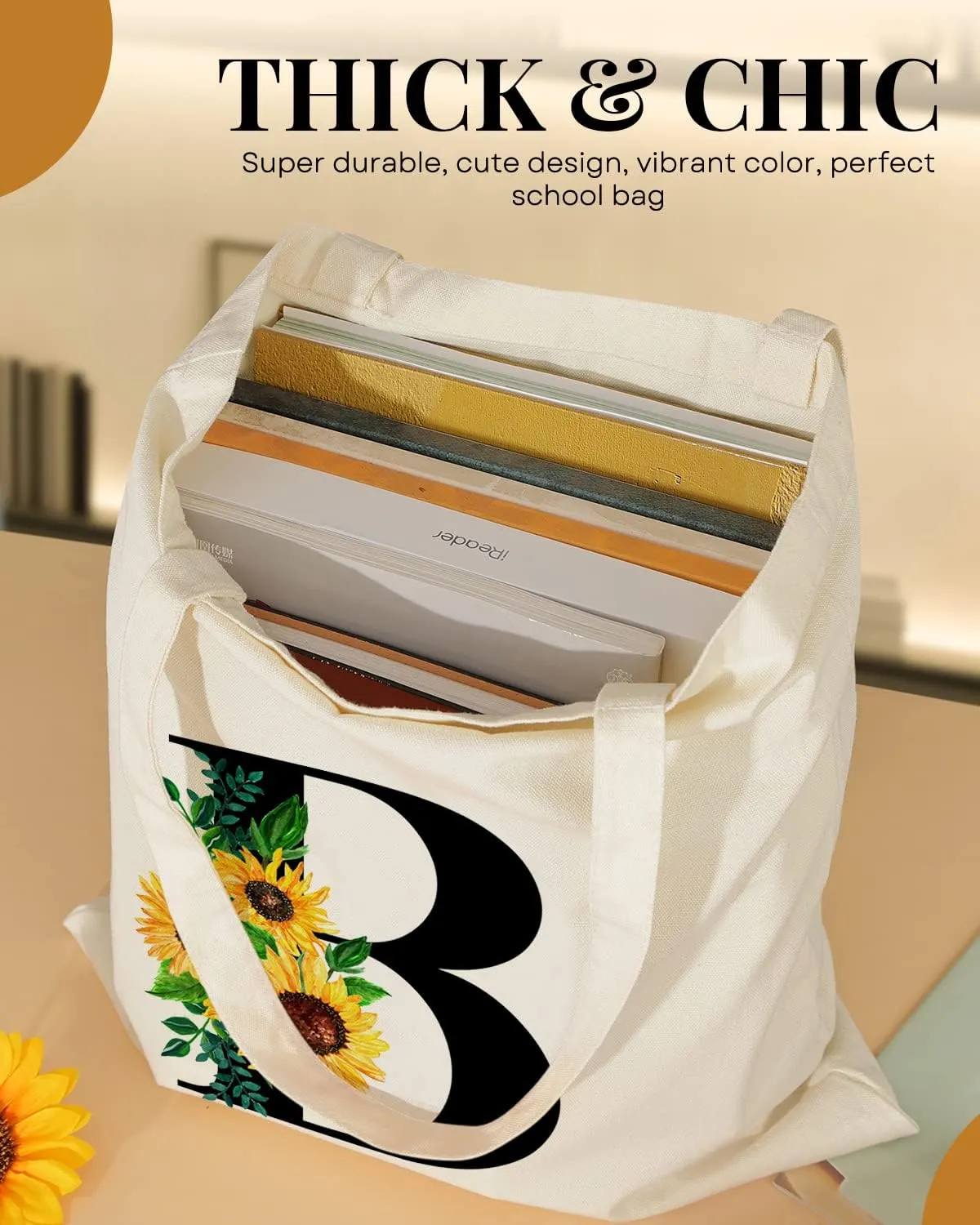 AUSVKAI Cute Sunflower Initial Canvas Tote Bag Aesthetic for Women