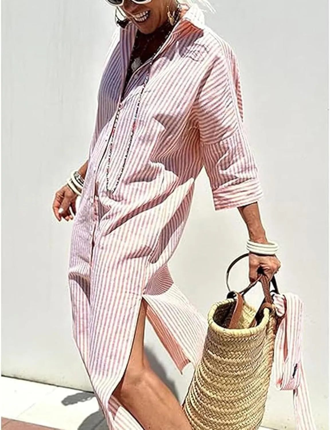 Aviation Aviationp Shirt Dress, Aviationp Classic Striped Lace-Up Shirt Dress, Lapel Slit (Gray,X-Large)