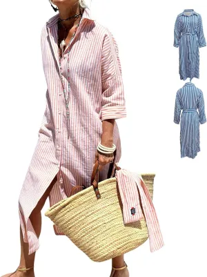 Aviation Aviationp Shirt Dress, Aviationp Classic Striped Lace-Up Shirt Dress, Lapel Slit (Gray,X-Large)