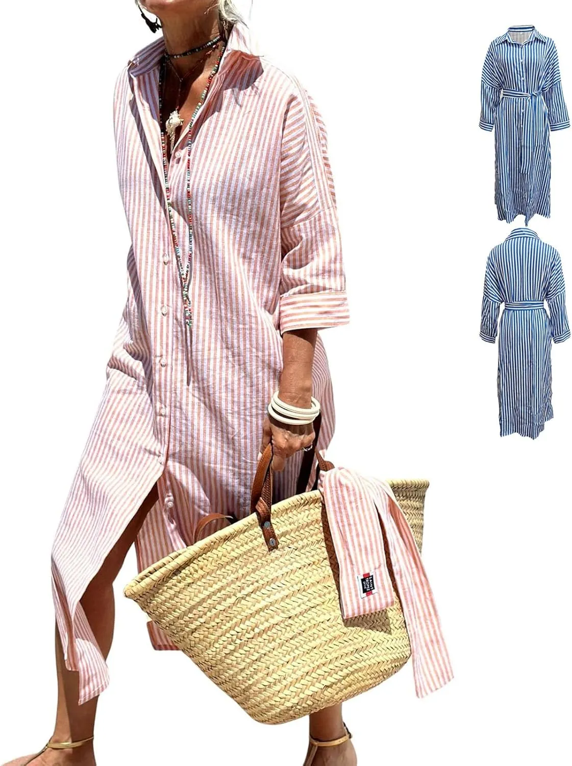 Aviation Aviationp Shirt Dress, Aviationp Classic Striped Lace-Up Shirt Dress, Lapel Slit (Gray,X-Large)
