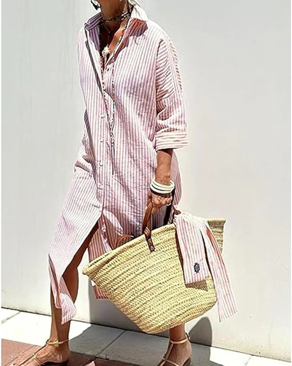 Aviation Aviationp Shirt Dress, Aviationp Classic Striped Lace-Up Shirt Dress, Lapel Slit (Gray,X-Large)