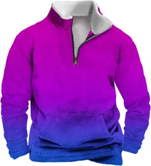 Aymnlox Mens Quarter Zip Sweatshirts Long Sleeve Gradient Color Fashion Pullover Stand Collar Sweatshirt With Kango Pockets