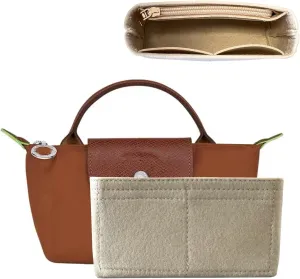 Bag Organizer for Long champ Small Handbags Timid Bag Storage and Organization Inner Pocket Liner Felt-Mini Size (Beige)