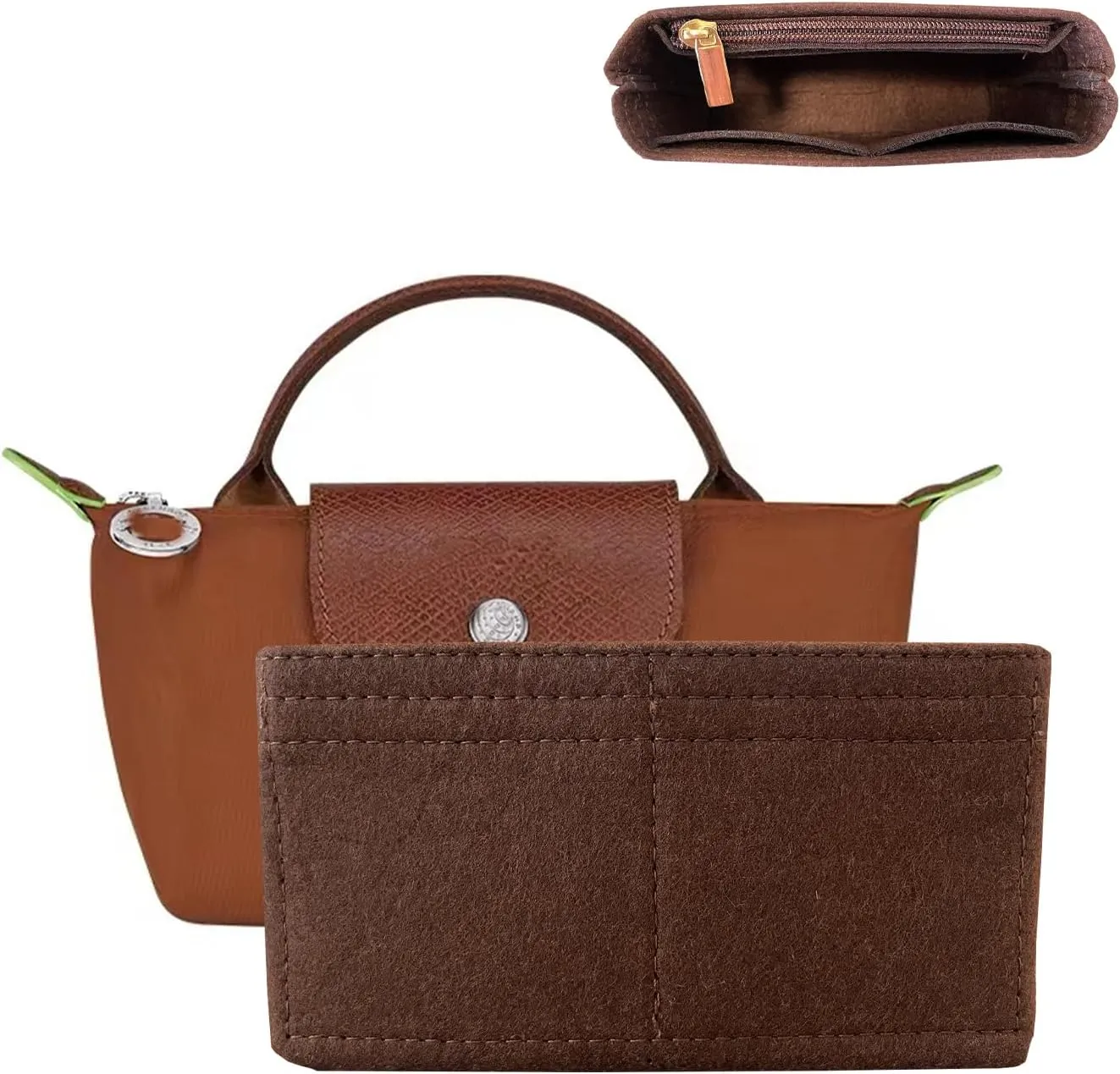 Bag Organizer for Long champ Small Handbags Timid Bag Storage and Organization Inner Pocket Liner Felt-Mini Size (Brown)