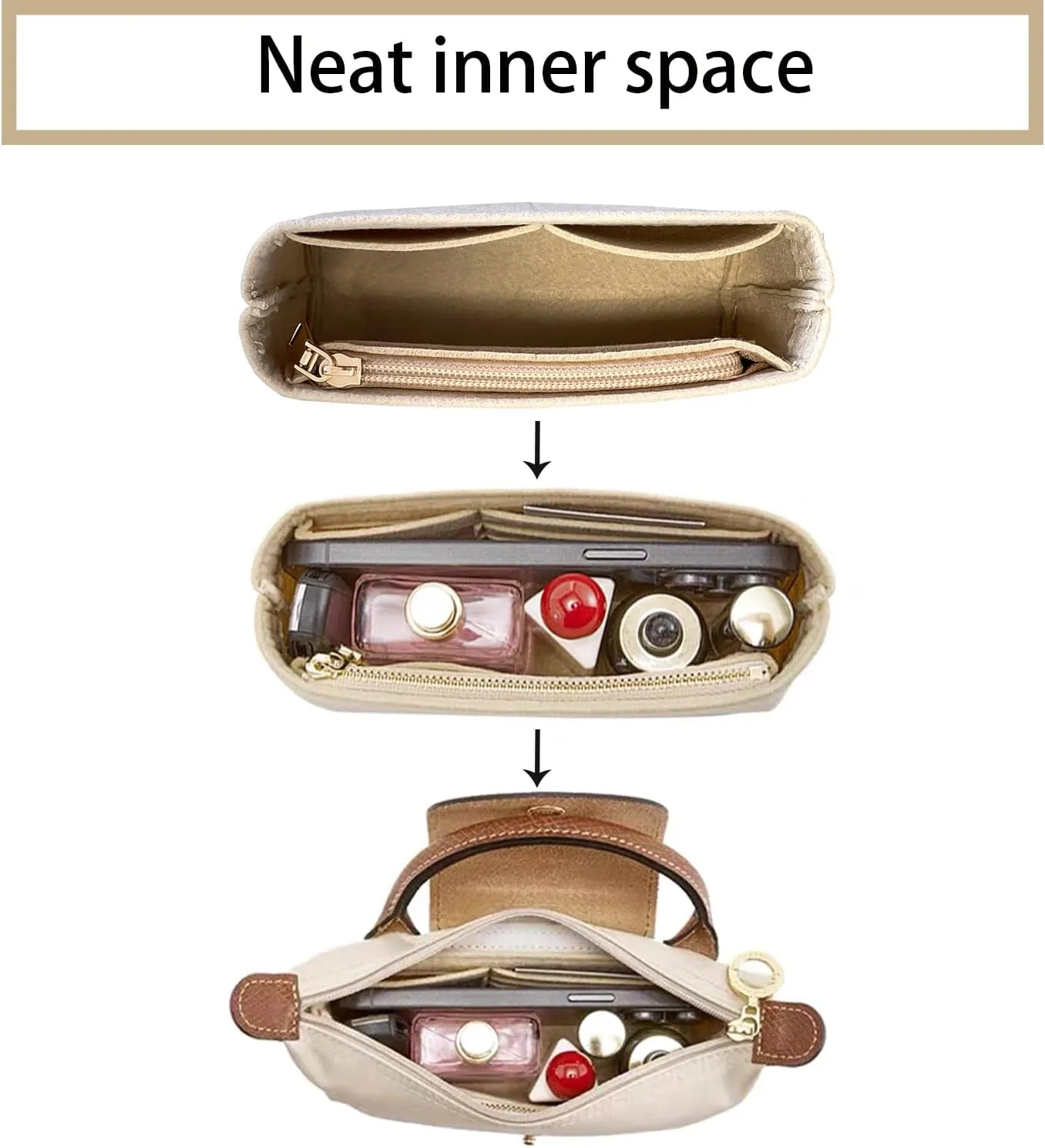 Bag Organizer for Long champ Small Handbags Timid Bag Storage and Organization Inner Pocket Liner Felt-Mini Size (Brown)