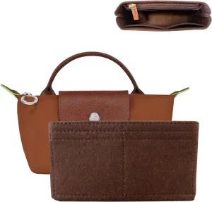Bag Organizer for Long champ Small Handbags Timid Bag Storage and Organization Inner Pocket Liner Felt-Mini Size (Brown)