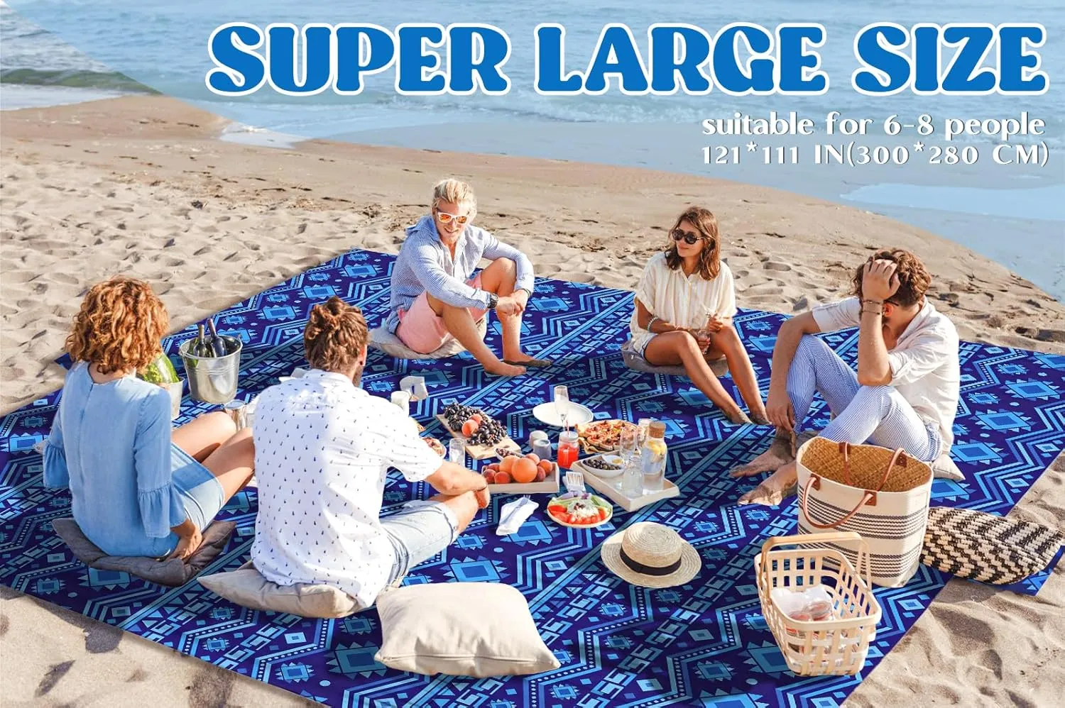 Beach Blanket Sandproof 111''*121'' Extra Large Waterproof Windproof Durable Beach Mat Sand Free Mat