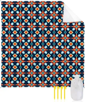 Beach Blanket Sandproof, Abstract Flowers Geometric Texture Navy Blue Orange Waterproof Beach Mat Lightweight Quick Drying Picnic Blanket Beach Essentials for Travel Camping Hiking 95x80in