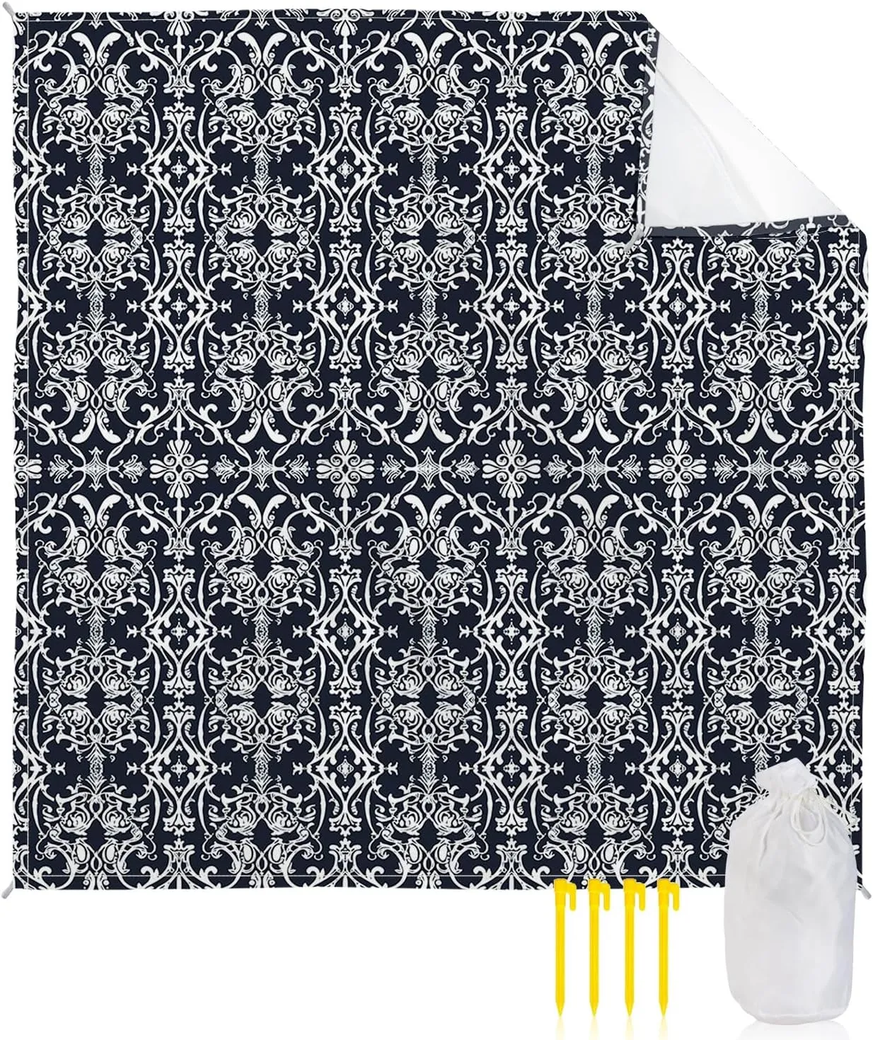 Beach Blanket Sandproof, Abstract Geometric Flowers Floral Blue Texture Waterproof Beach Mat Lightweight Quick Drying Picnic Blanket Beach Essentials for Travel Camping Hiking 95x80in