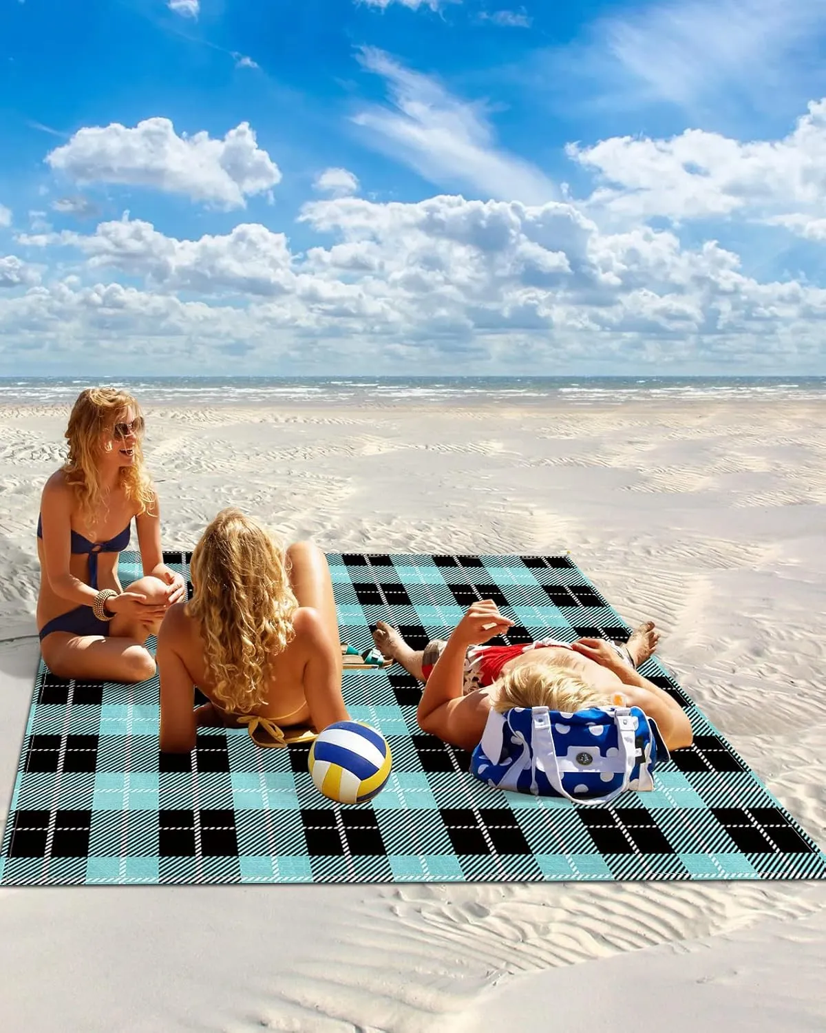 Beach Blanket Sandproof, Aqua Green Black Lattice Waterproof Beach Mat Lightweight Quick Drying Picnic Blanket Beach Essentials for Travel Camping Hiking 118x108in