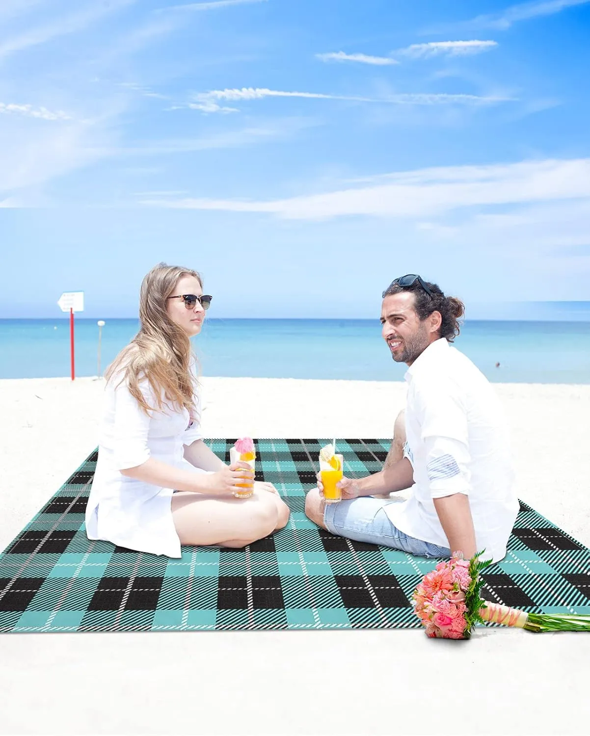 Beach Blanket Sandproof, Aqua Green Black Lattice Waterproof Beach Mat Lightweight Quick Drying Picnic Blanket Beach Essentials for Travel Camping Hiking 118x108in