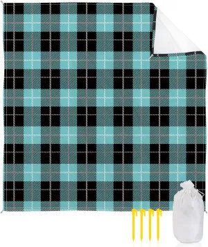 Beach Blanket Sandproof, Aqua Green Black Lattice Waterproof Beach Mat Lightweight Quick Drying Picnic Blanket Beach Essentials for Travel Camping Hiking 118x108in