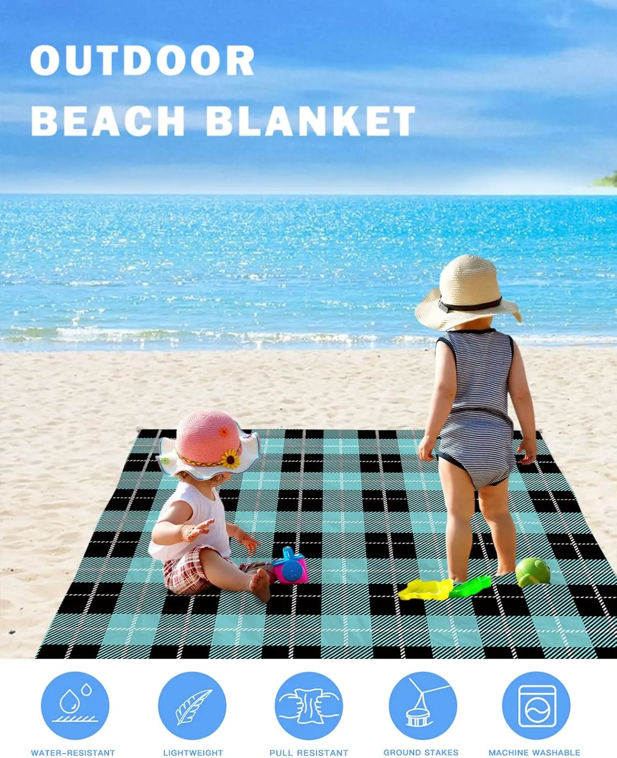 Beach Blanket Sandproof, Aqua Green Black Lattice Waterproof Beach Mat Lightweight Quick Drying Picnic Blanket Beach Essentials for Travel Camping Hiking 118x108in