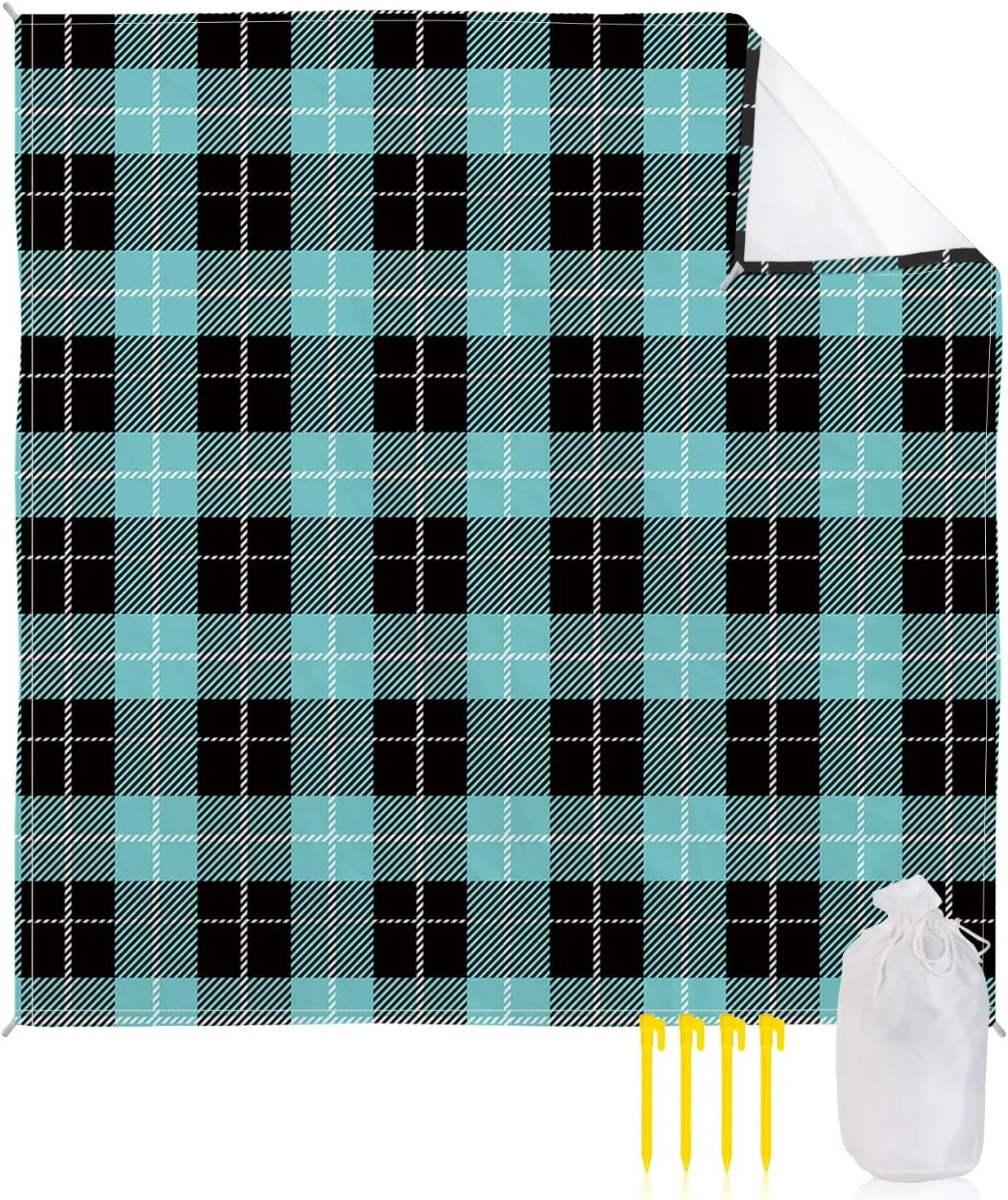 Beach Blanket Sandproof, Aqua Green Black Lattice Waterproof Beach Mat Lightweight Quick Drying Picnic Blanket Beach Essentials for Travel Camping Hiking 118x108in