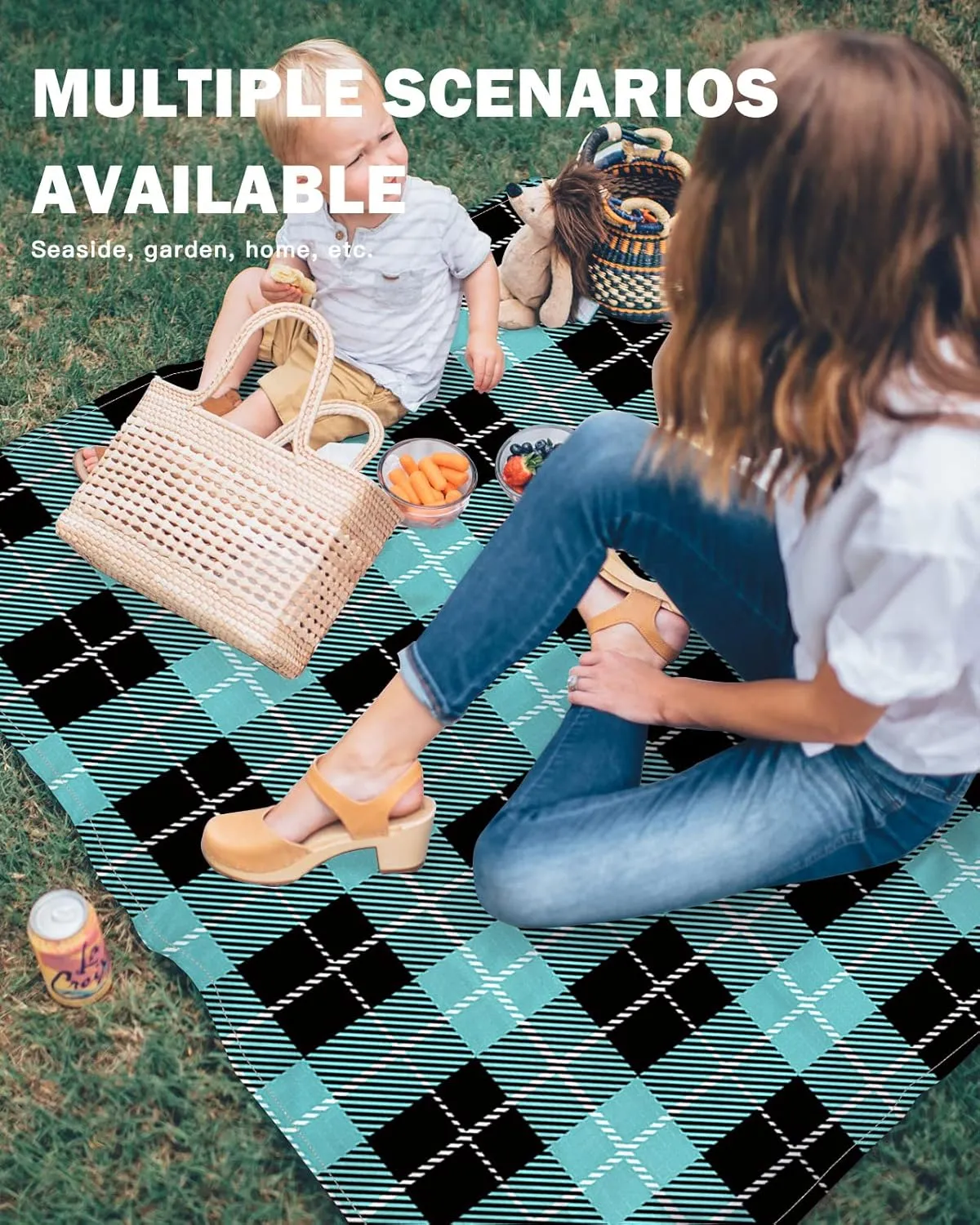 Beach Blanket Sandproof, Aqua Green Black Lattice Waterproof Beach Mat Lightweight Quick Drying Picnic Blanket Beach Essentials for Travel Camping Hiking 118x108in