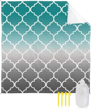 Beach Blanket Sandproof, Cyan Turquoise Gray Gradient Morocco Pattern Waterproof Beach Mat Lightweight Quick Drying Picnic Blanket Beach Essentials for Travel Camping Hiking 83x79in