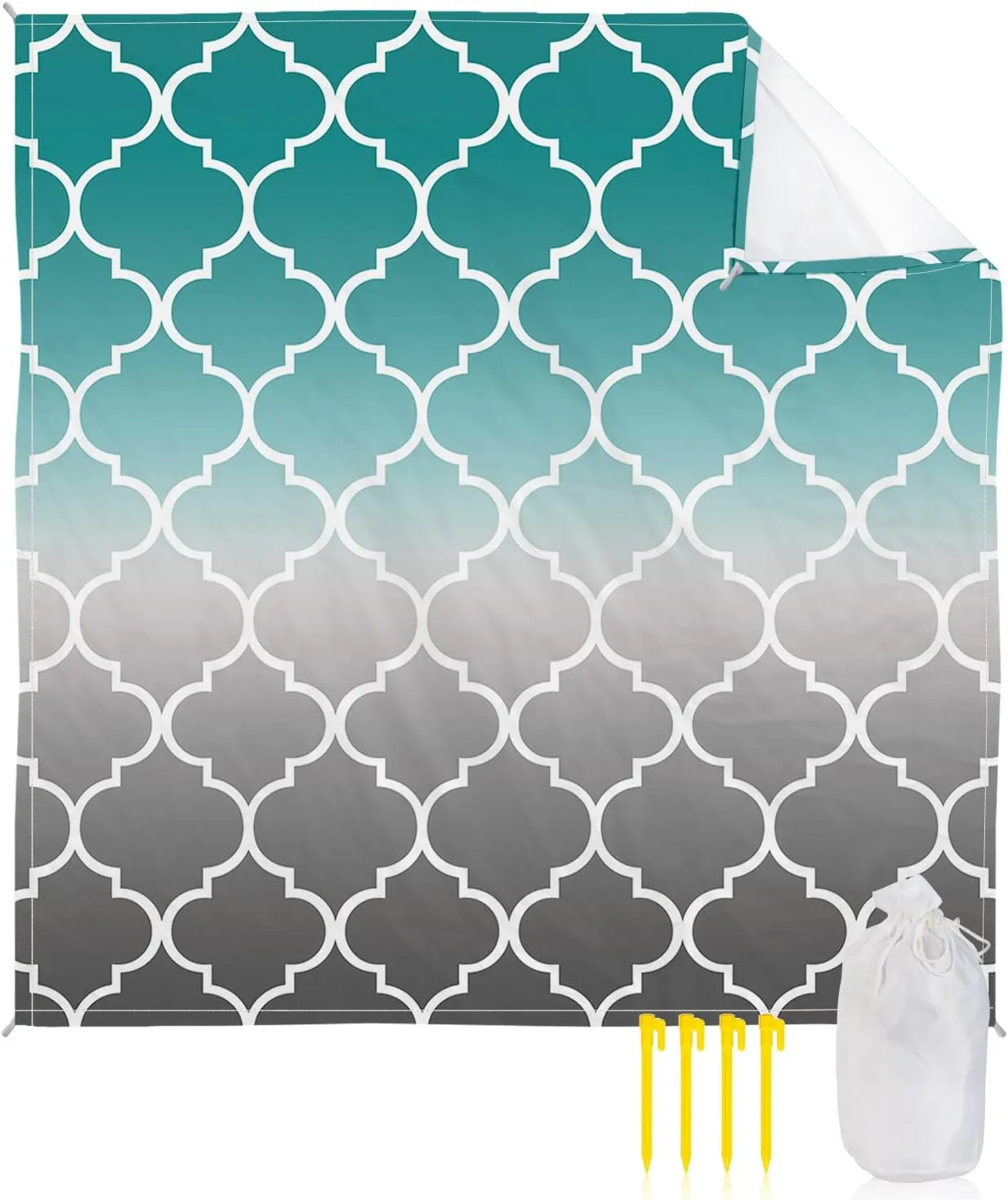 Beach Blanket Sandproof, Cyan Turquoise Gray Gradient Morocco Pattern Waterproof Beach Mat Lightweight Quick Drying Picnic Blanket Beach Essentials for Travel Camping Hiking 83x79in