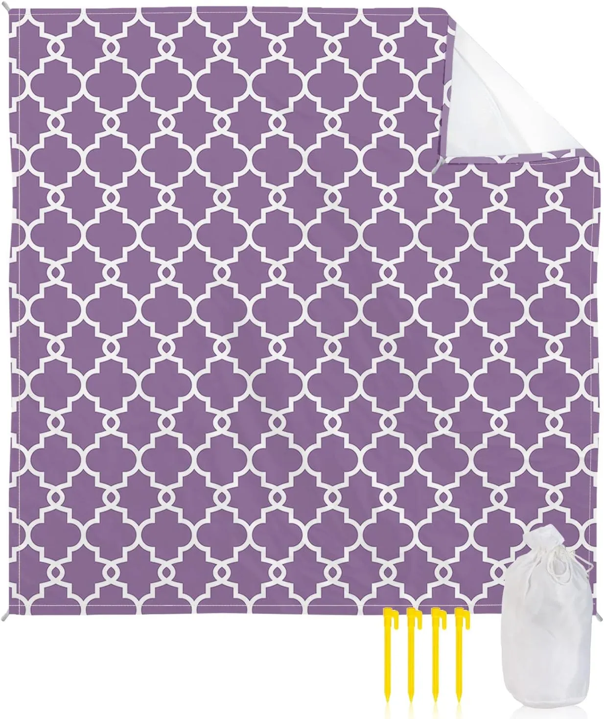 Beach Blanket Sandproof, Geometric Moroccan Pattern Purple Waterproof Beach Mat Lightweight Quick Drying Picnic Blanket Beach Essentials for Travel Camping Hiking 83x79in