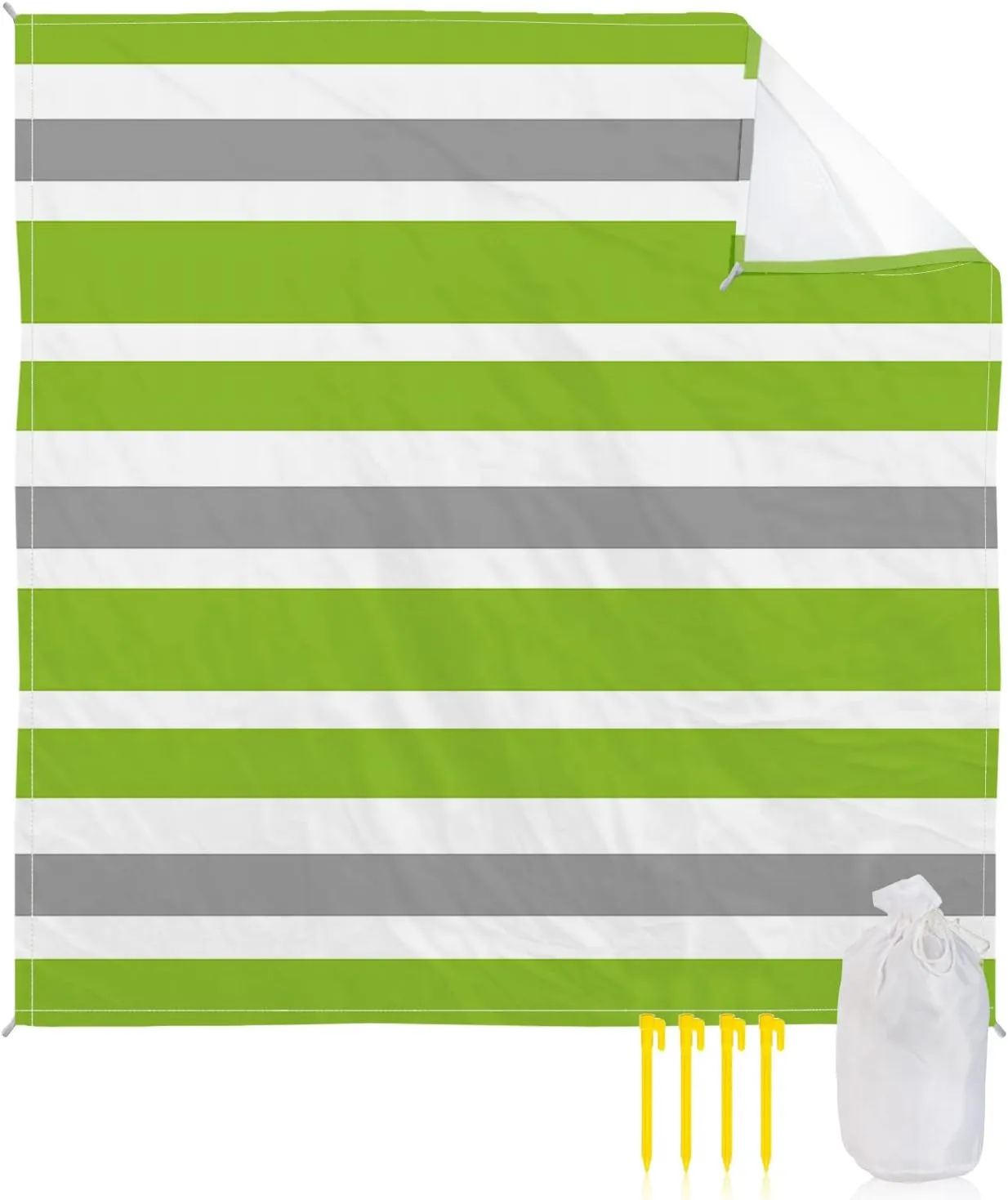 Beach Blanket Sandproof, Green Gray White Geometric Stripes Waterproof Beach Mat Lightweight Quick Drying Picnic Blanket Beach Essentials for Travel Camping Hiking 83x79in
