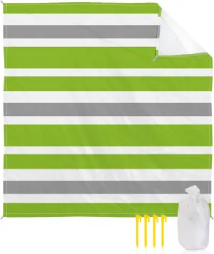 Beach Blanket Sandproof, Green Gray White Geometric Stripes Waterproof Beach Mat Lightweight Quick Drying Picnic Blanket Beach Essentials for Travel Camping Hiking 83x79in