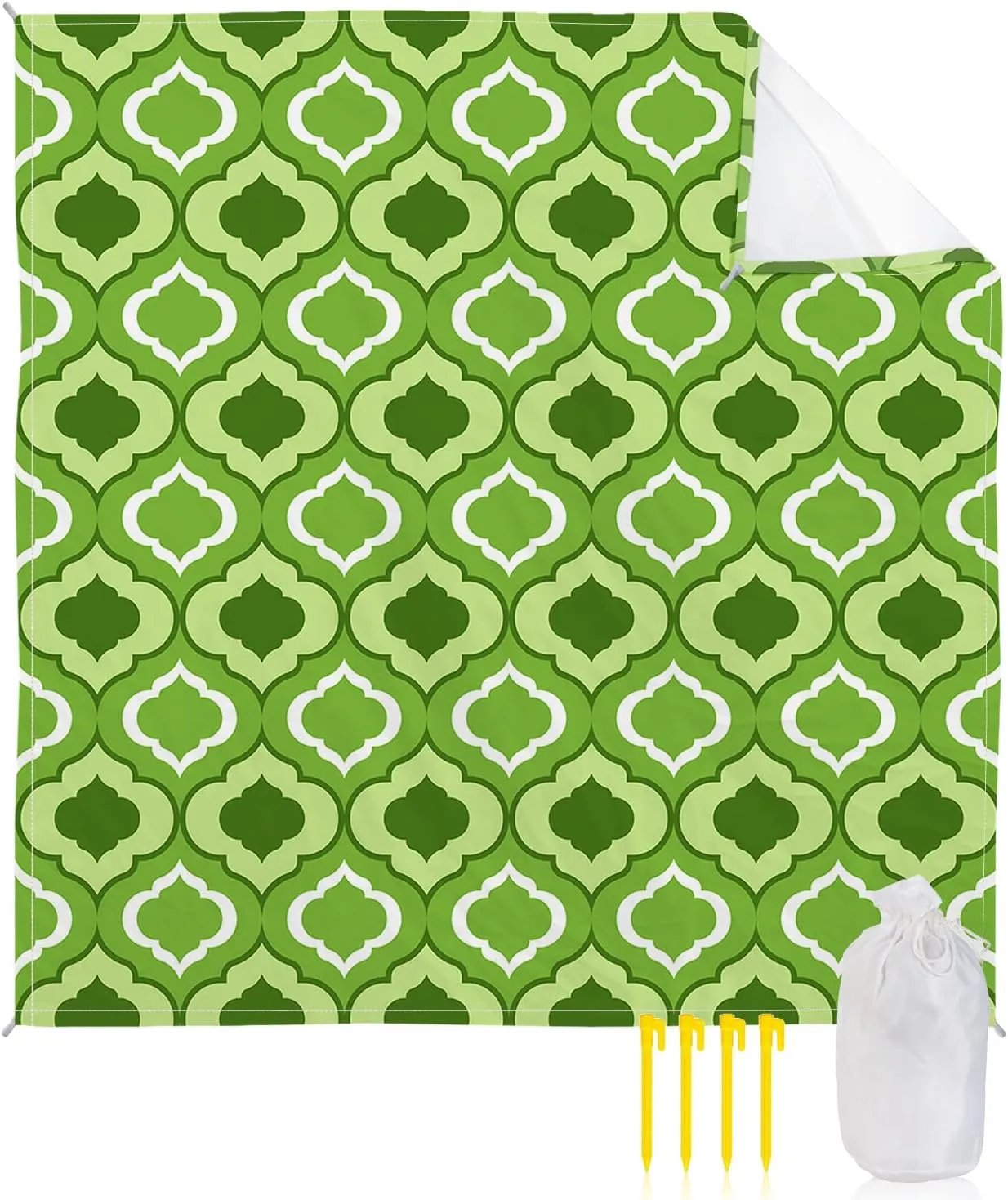 Beach Blanket Sandproof, Green Moroccan Pattern Geometric Waterproof Beach Mat Lightweight Quick Drying Picnic Blanket Beach Essentials for Travel Camping Hiking 95x80in