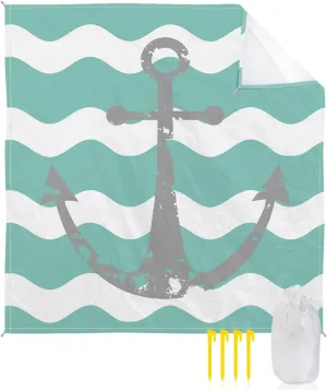 Beach Blanket Sandproof, Grey Nautical Anchor Teal Turquoise Wavy Stripes Waterproof Beach Mat Lightweight Quick Drying Picnic Blanket Beach Essentials for Travel Camping Hiking 83x79in