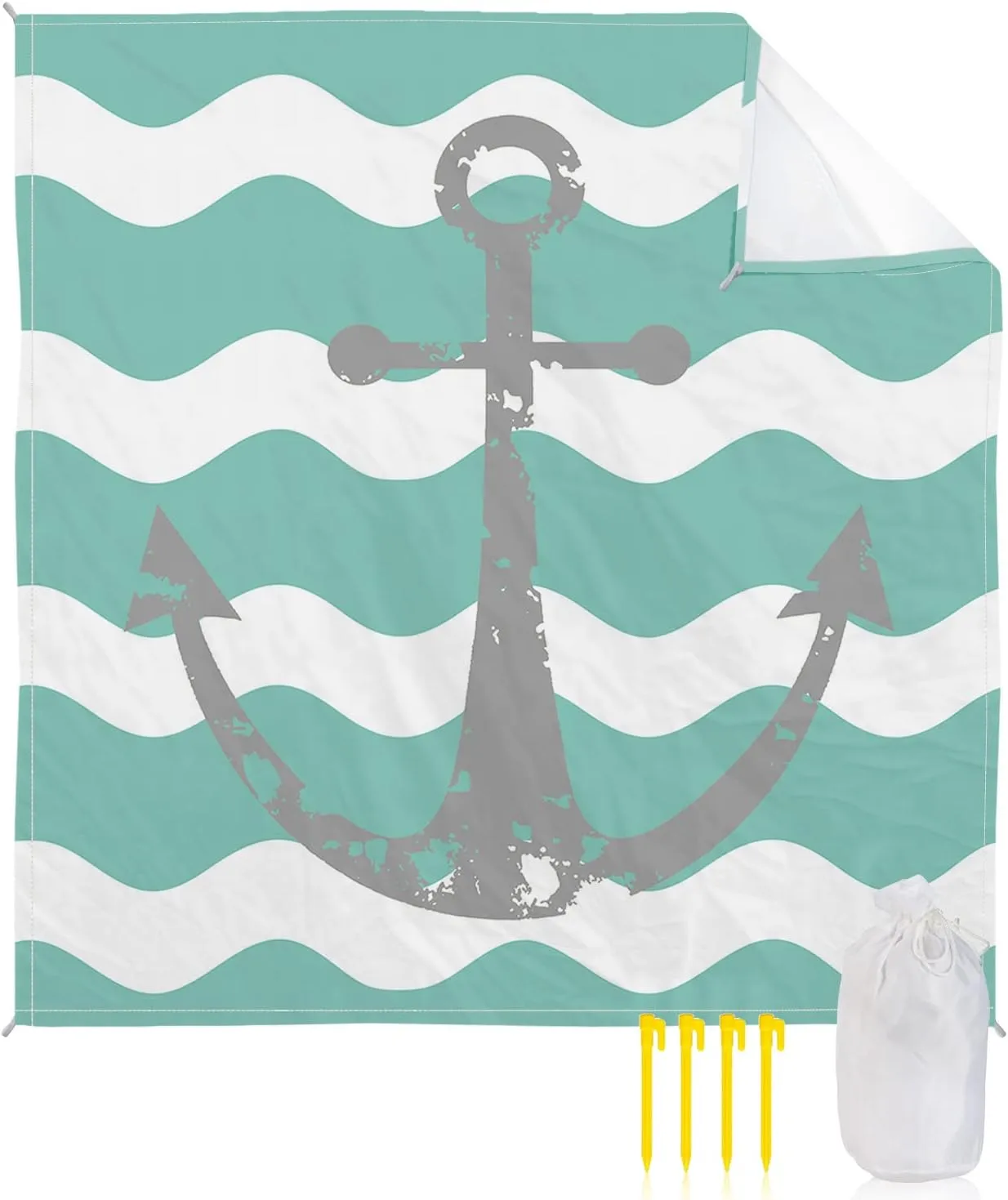 Beach Blanket Sandproof, Grey Nautical Anchor Teal Turquoise Wavy Stripes Waterproof Beach Mat Lightweight Quick Drying Picnic Blanket Beach Essentials for Travel Camping Hiking 83x79in