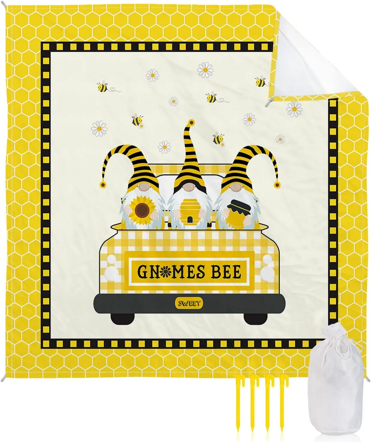 Beach Blanket Sandproof, Honey Gnomes Bees Hive Sunflower Truck Waterproof Beach Mat Lightweight Quick Drying Picnic Blanket Beach Essentials for Travel Camping Hiking 118x108in