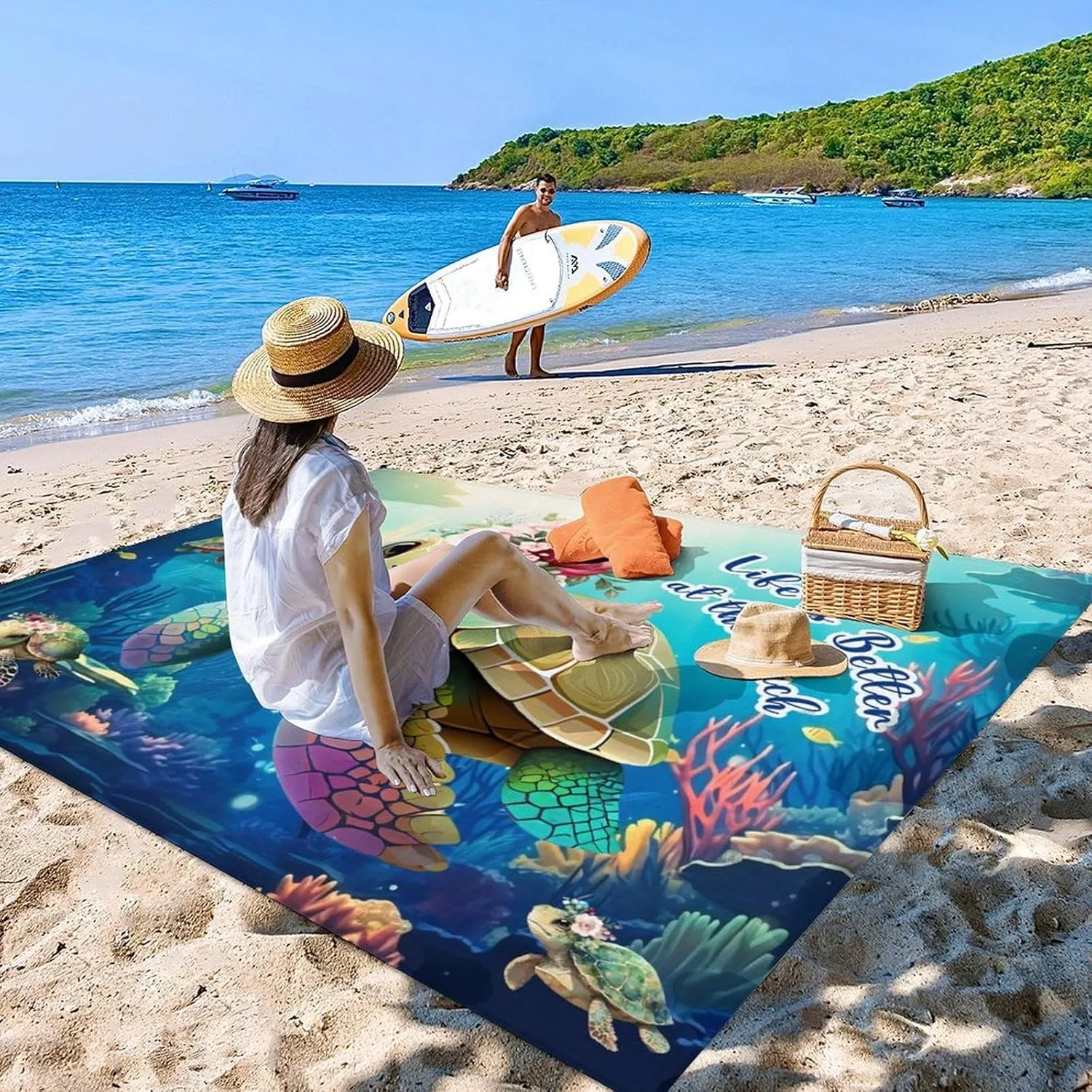 Beach Blanket Sandproof, Large Beach Blanket Waterproof, Sea Turtle Sand Free Beach Mat Durable, Polyester Outdoor Blanket for Family Vacation with 4 Stakes & 4 Corner Pocket, 6.6x7.2Ft