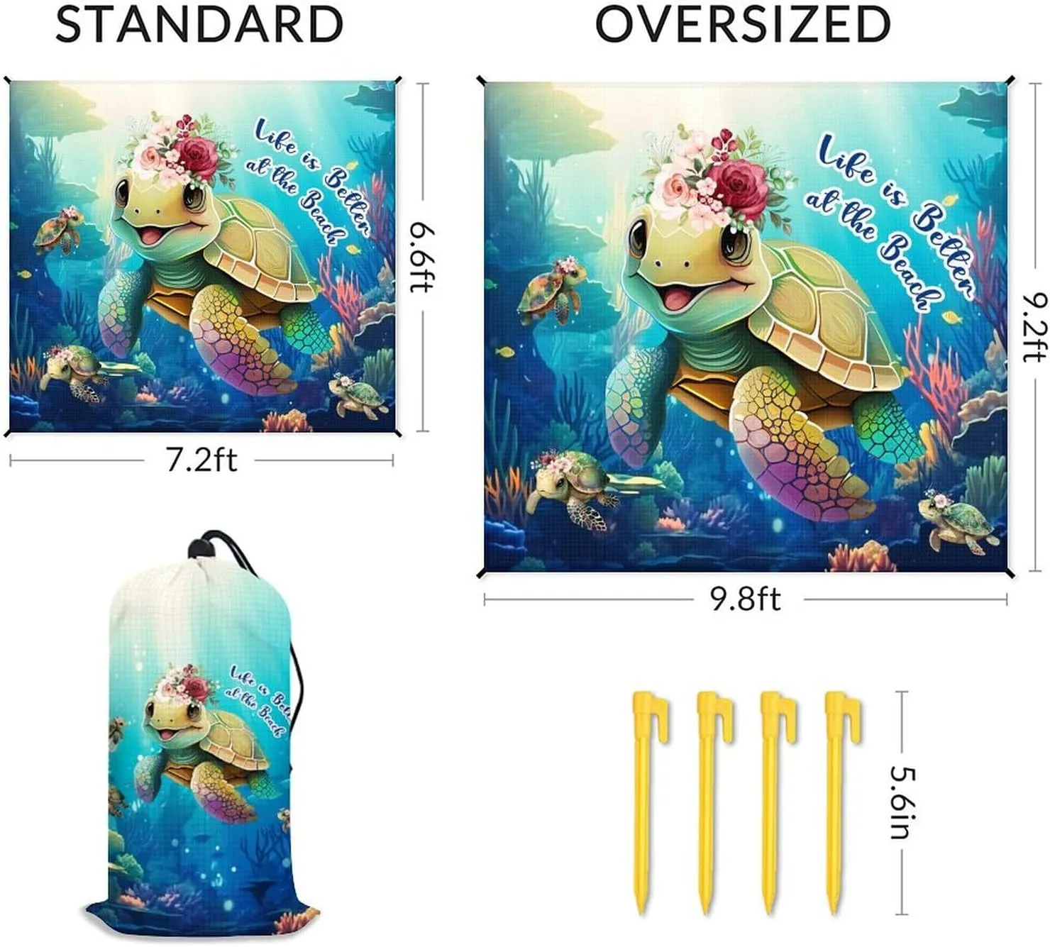 Beach Blanket Sandproof, Large Beach Blanket Waterproof, Sea Turtle Sand Free Beach Mat Durable, Polyester Outdoor Blanket for Family Vacation with 4 Stakes & 4 Corner Pocket, 6.6x7.2Ft