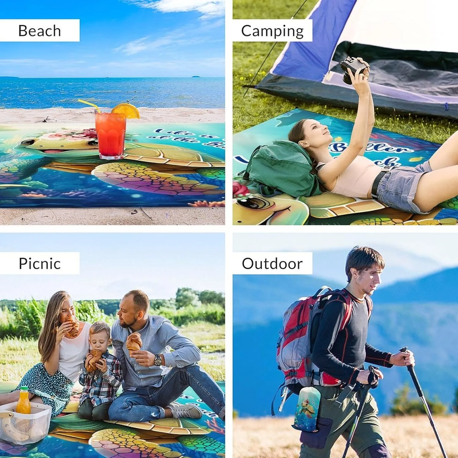 Beach Blanket Sandproof, Large Beach Blanket Waterproof, Sea Turtle Sand Free Beach Mat Durable, Polyester Outdoor Blanket for Family Vacation with 4 Stakes & 4 Corner Pocket, 6.6x7.2Ft