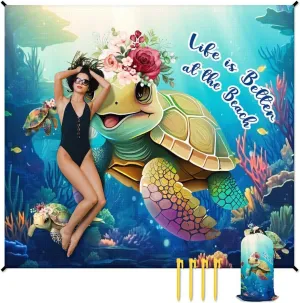 Beach Blanket Sandproof, Large Beach Blanket Waterproof, Sea Turtle Sand Free Beach Mat Durable, Polyester Outdoor Blanket for Family Vacation with 4 Stakes & 4 Corner Pocket, 6.6x7.2Ft