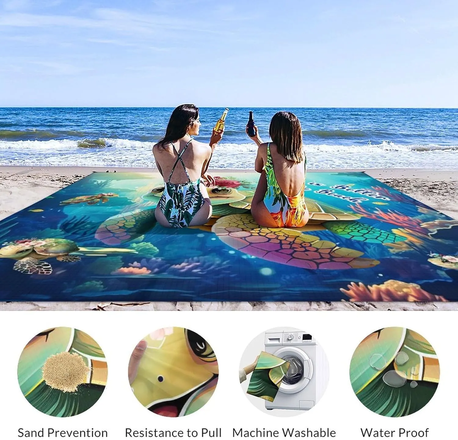 Beach Blanket Sandproof, Large Beach Blanket Waterproof, Sea Turtle Sand Free Beach Mat Durable, Polyester Outdoor Blanket for Family Vacation with 4 Stakes & 4 Corner Pocket, 6.6x7.2Ft