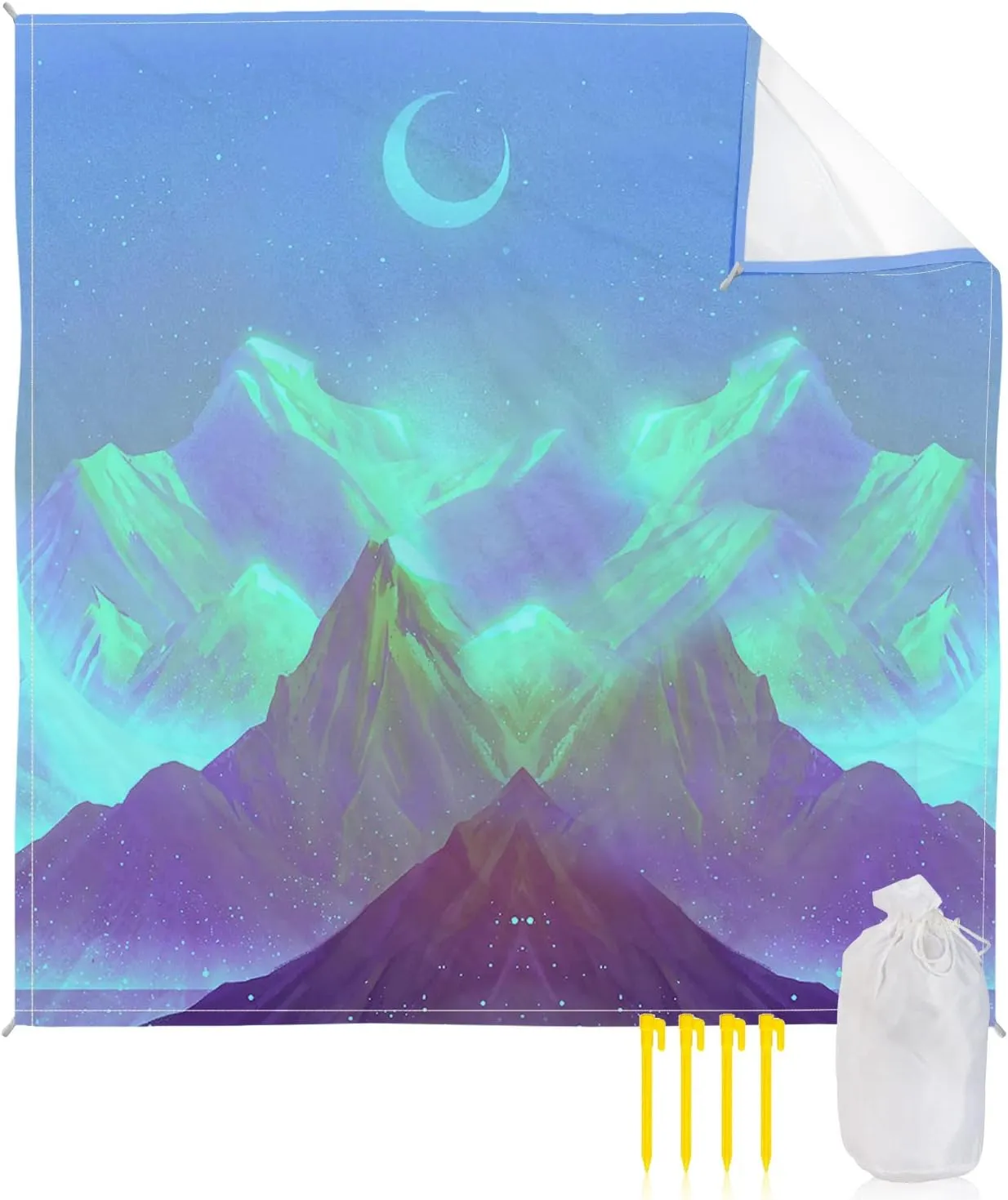 Beach Blanket Sandproof, Mountain Moon Dreamy Starry Sky Waterproof Beach Mat Lightweight Quick Drying Picnic Blanket Beach Essentials for Travel Camping Hiking 83x79in